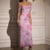 Fishbone Mesh Pleated Dress European and American Sexy Backless One-word Shoulder Tight Hip-wrapped Dress Long Dress
