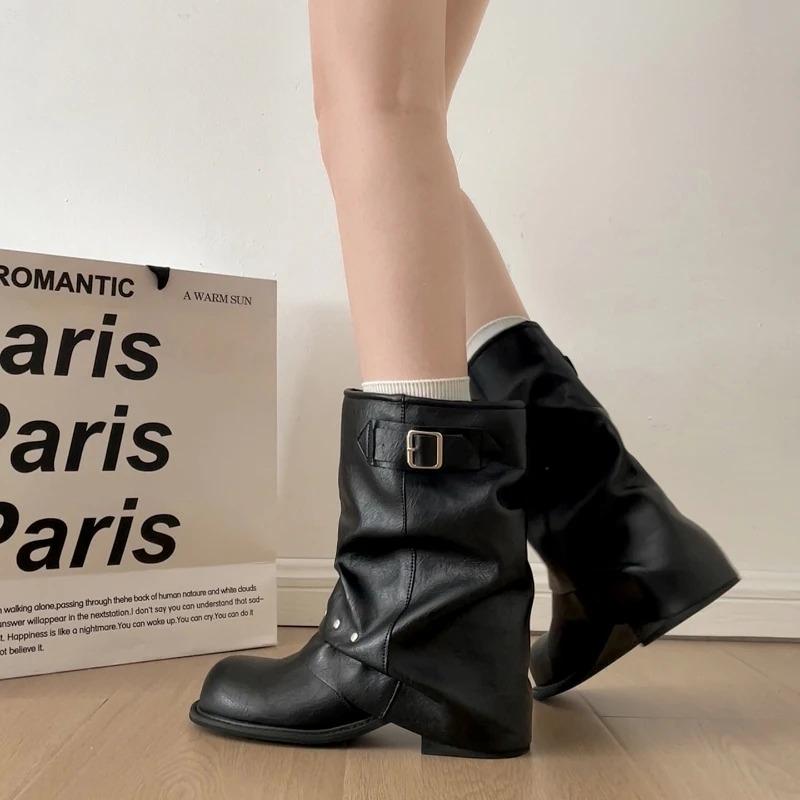 Winter Pleated Women Western Ankle Boots Fashion Rivet Belt Buckle Shoes Ladies Concise Vintage Thick Heel Short Booties