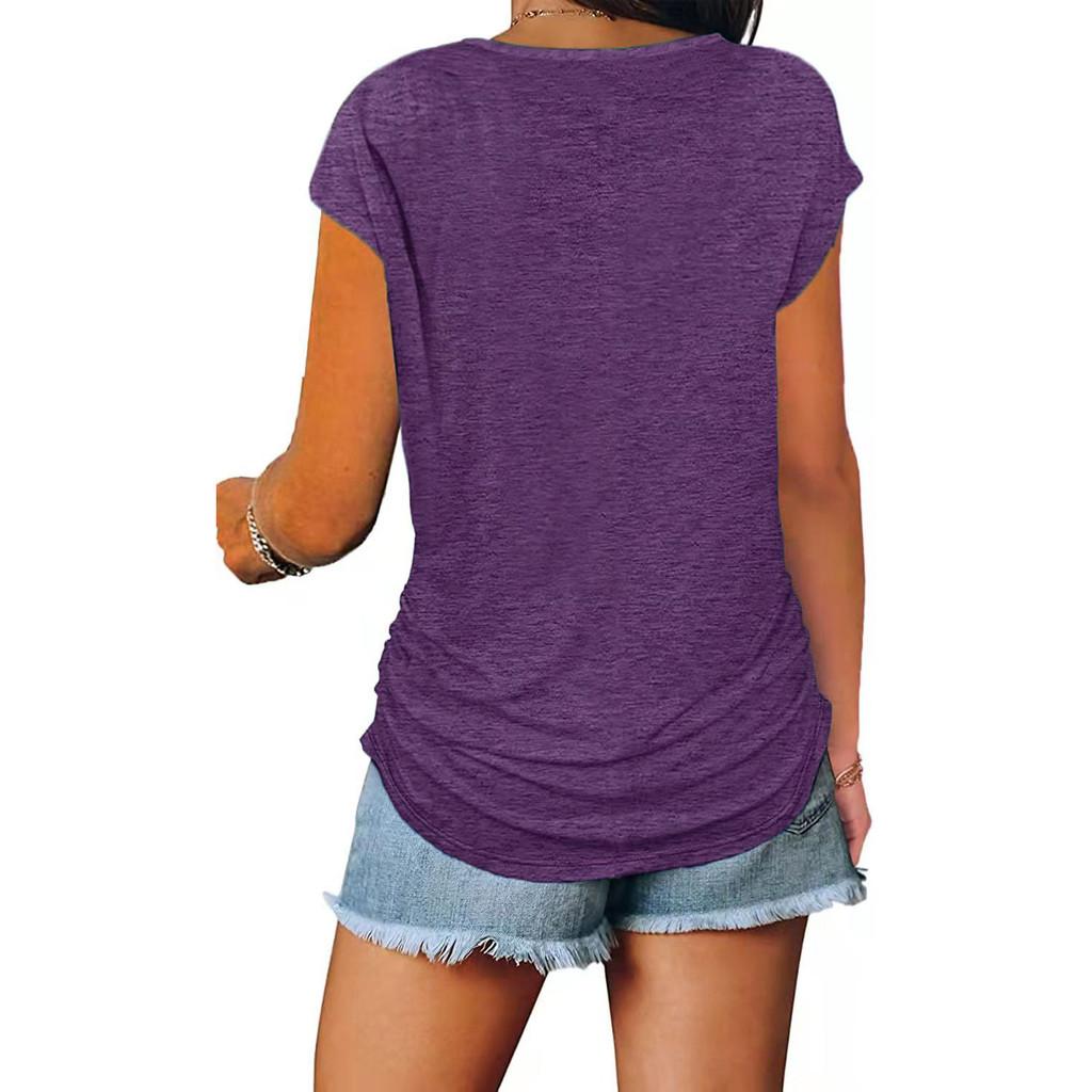 Lässiges T-Shirt aus Baumwollmischung mit Rüschen und Reißverschluss für Damen Frühjahrsmode