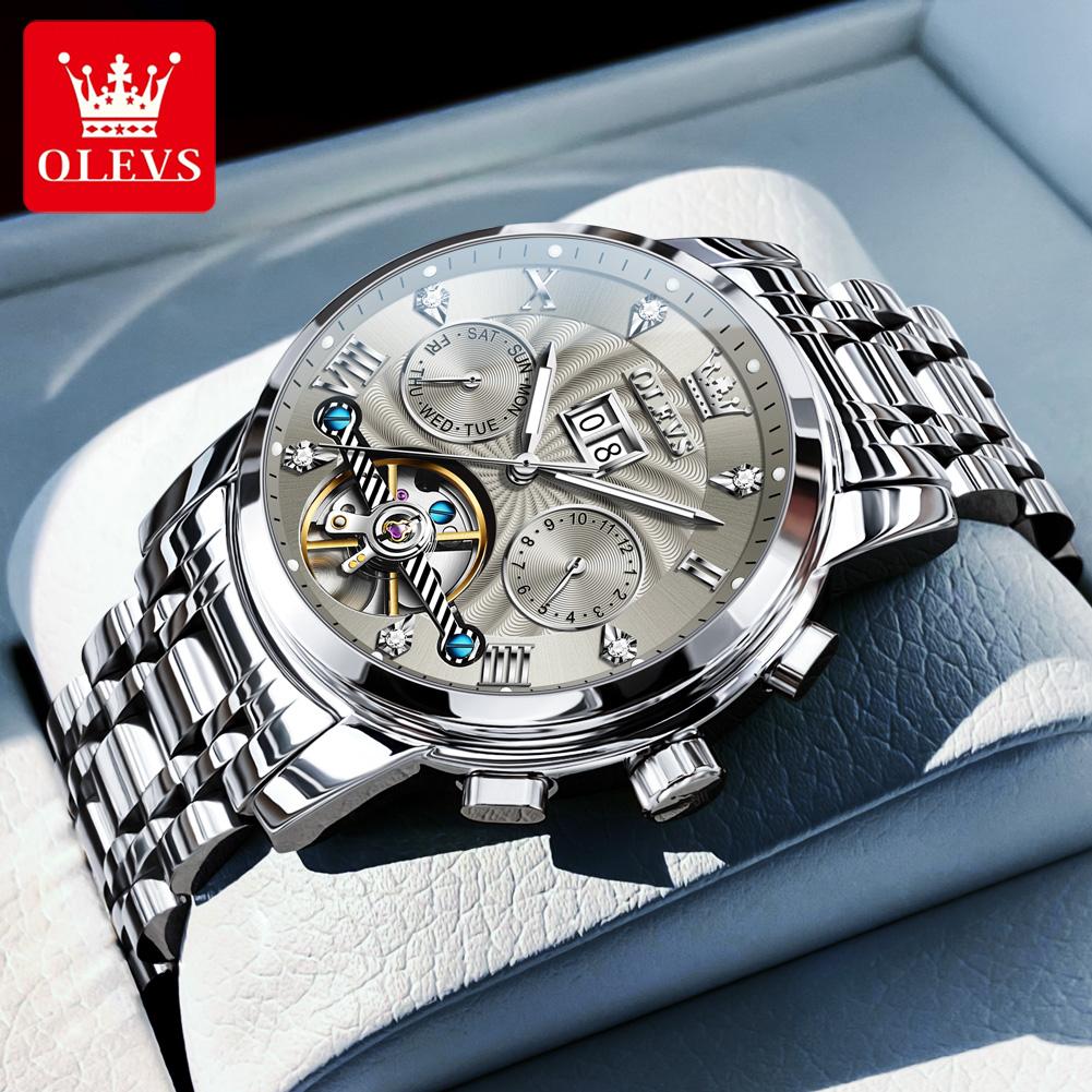 OLEVS 9910 Watch For Men Luxury Waterproof Mechanical Man Watch Stainless Steel Hollow Skeleton Calendar Automatic Hand Clock