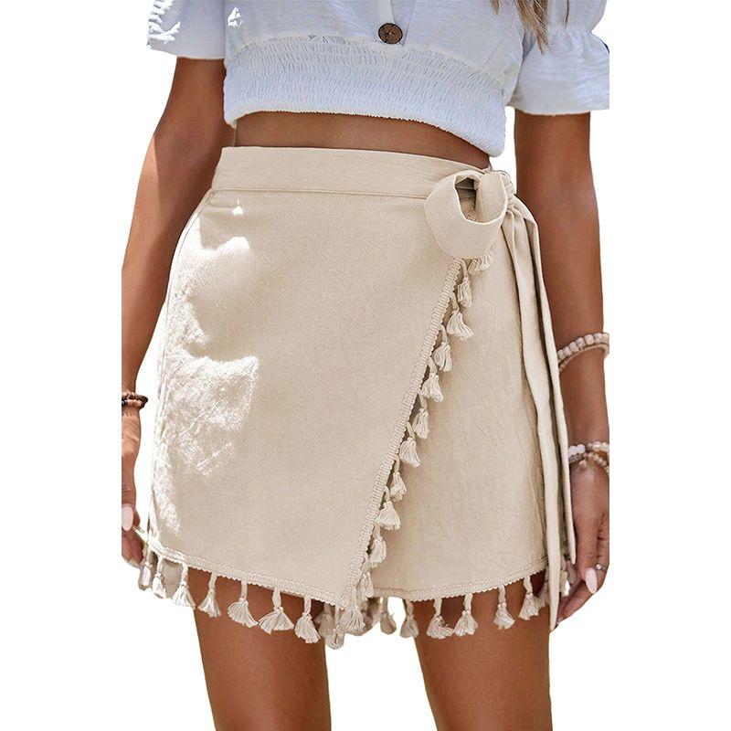 

Summer New Bohemian Style Casual Shorts Women 2025 European and American Style Tassel Niche Design Lace-up Cropped Pants Apricot P18 Size XL fit (70.00 kg-75.00 kg