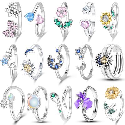 925 Silver Women Rings Sparking Zircon Sunflower Star Moon Open Ring For Engagement Jewelry Anniversary Gifts