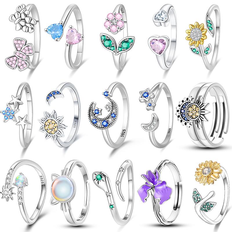 925 Silver Women Rings Sparking Zircon Sunflower Star Moon Open Ring For Engagement Jewelry Anniversary Gifts