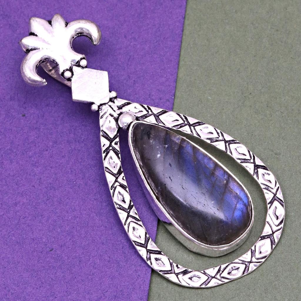 Pendant Silver  Peridot Labradorite Gemstone Jewelry Sterling 2.5" Fiery