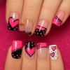 Medium Square Fake Nails - Black, Pink Heart & Polka Dot Design, Cute European-American Style