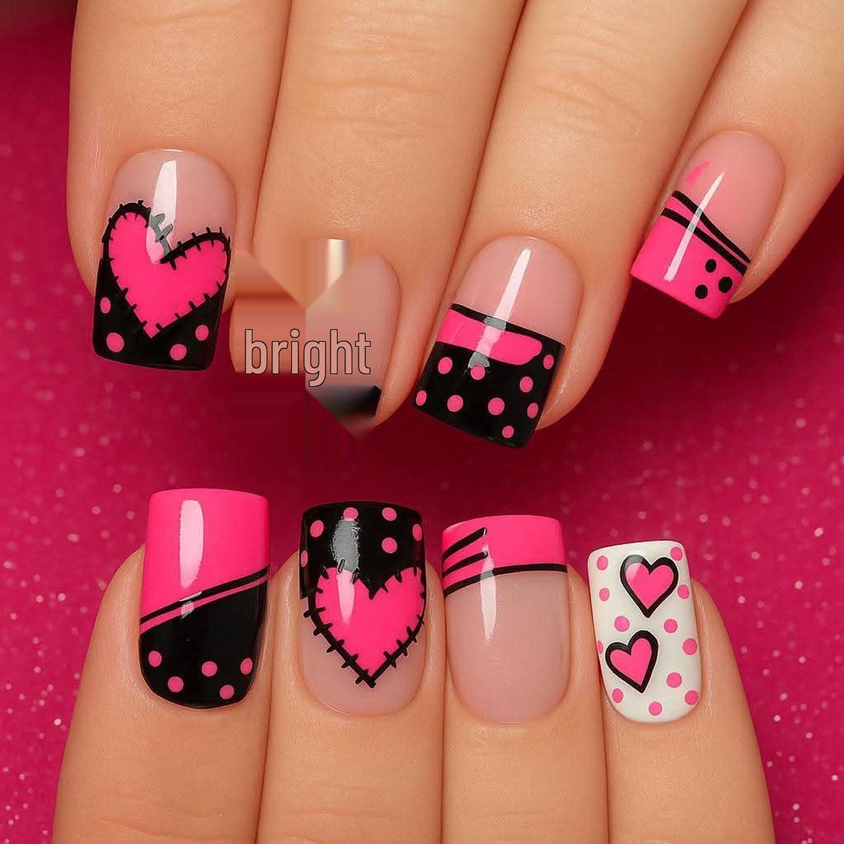 

Medium Square Fake Nails - Black, Pink Heart & Polka Dot Design, Cute European-American Style F-941