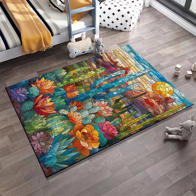 Colorful Stained Glass Style Cactus and Floral Design Carpet Rug Suitable for use as an anti-slip for living room bedroom sofas