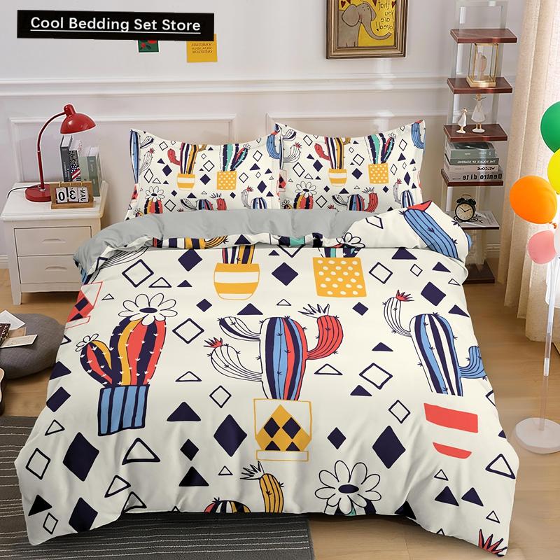 Cactus King Queen Duvet Cover Succulents Bedding Set for Kids Teens Adults Green Botanical Flowers 2/3pcs Polyester Quilt Cover