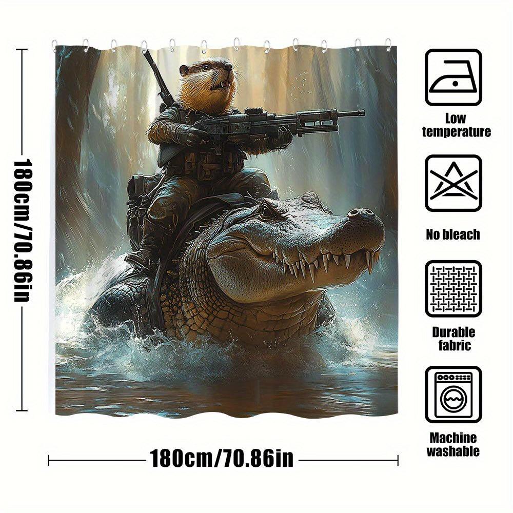 1 Stück Anthropomorphes Otter-Kommando auf Krokodil-Duschvorhang - Nebeliger Dschungel-Fantasy-Abenteuer-Design, 70. 86 x 70. 86 Zoll,