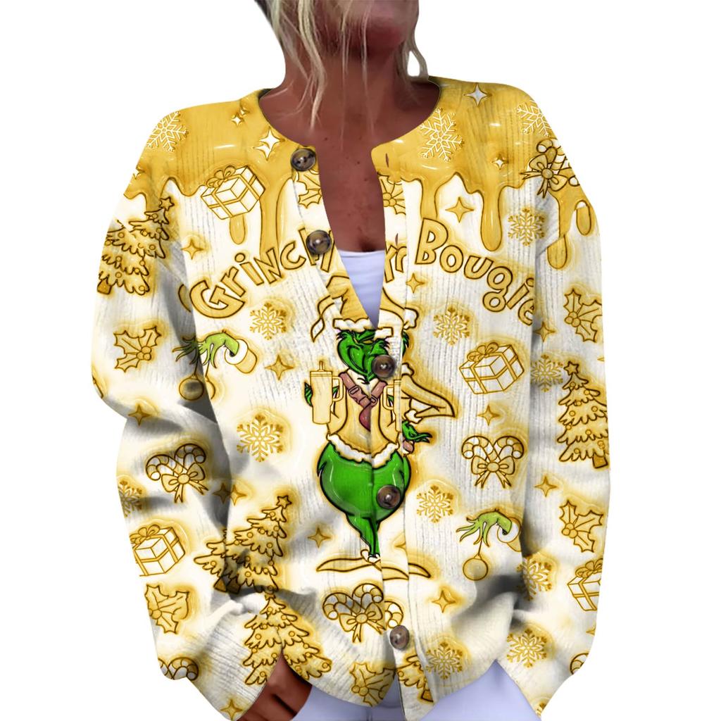 Women's Fashion Christmas Printed Long Sleeve Knitted Cardigan Button Down Jacket