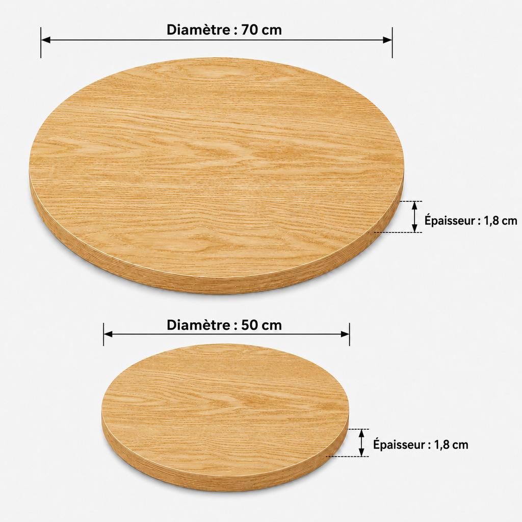 Set of 2 Round Tabletops in Natural Wood Look – diameter 70 cm + diameter 50 cm, 1.8 cm Thick, Melamine-Coated, Tabletops Only without Frame