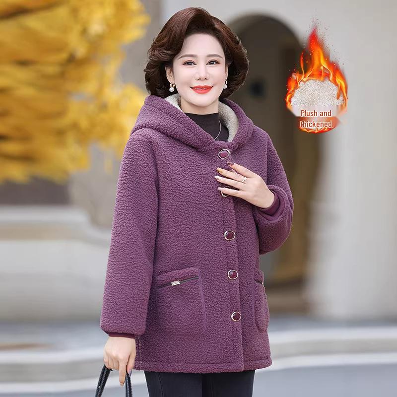 Mamas Herbst-/Winter-Kapuzenjacke aus Lammwolle für Damen, Plüsch-Samt, Verdickte warme Baumwolle für mittlere und ältere Menschen, Strukturierter Samt
