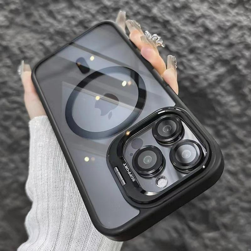 With Camera Glass Metal Lens Bracket Acrylic Clear Cover Magnetic Transparent Phone Case for Iphone 13 14 15 16 17Pro Max Cases