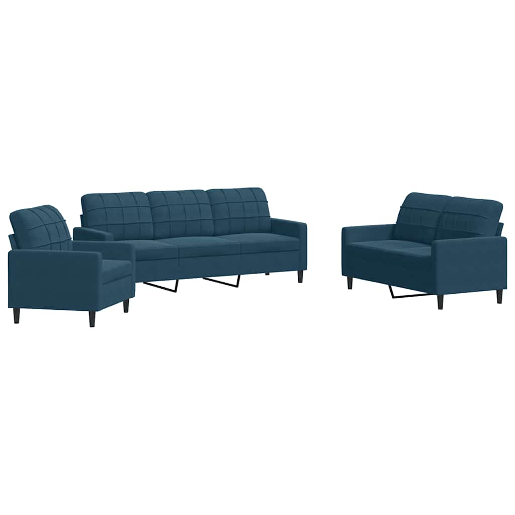 3-teiliges Sofaset mit Kissen Blaues Samt