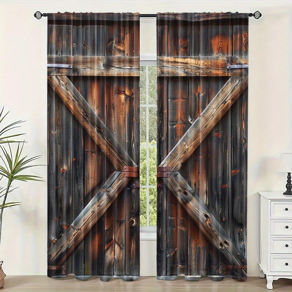2-Piece Set Elegant Retro Wooden Door Design Curtains Rod Pocket Digital Print  For Living Room Bedroom Kitchen Window Home Deco