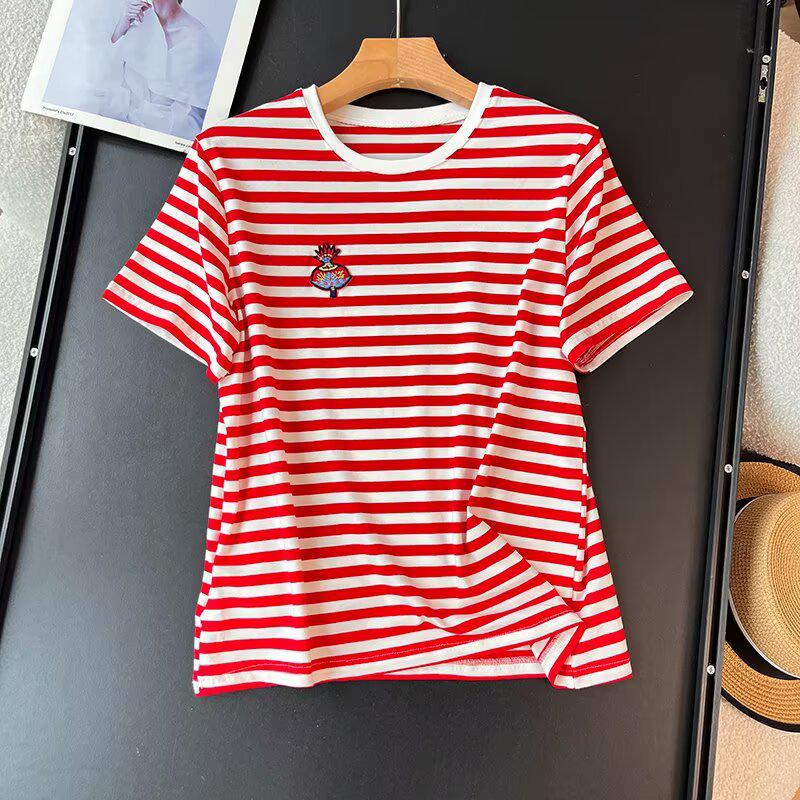 

Женская летняя полосатая хлопковая футболка с вышивкой - Модный топ с коротким рукавом и круглым вырезом Medium