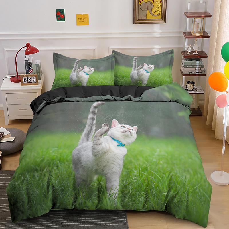 Set de lenjerie de pat super drăguț cu pisoi pentru copii Kawaii Girl Husă de plapumă King Queen Size Pisică Animal 2/3 piese Poliester (Fără foaie)