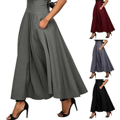 Maxi Skirt Bandage High Waist Tight A-Line Skirt Solid Color Large Hem