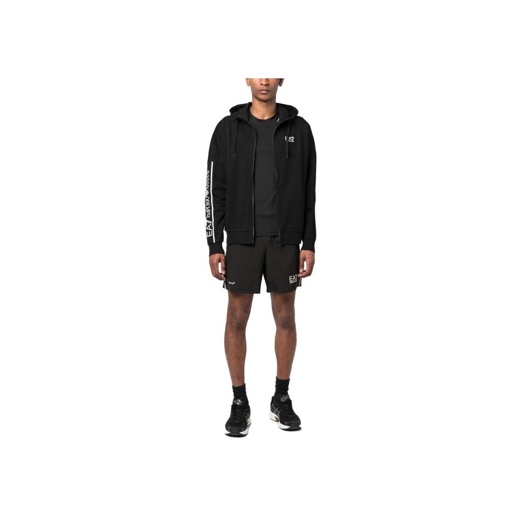 Emporio Armani SS23 EA7 Series Letter Logo Printed Drawstring Hooded Jacket Men Jackets Black 3RPM63-PJ05Z-0200