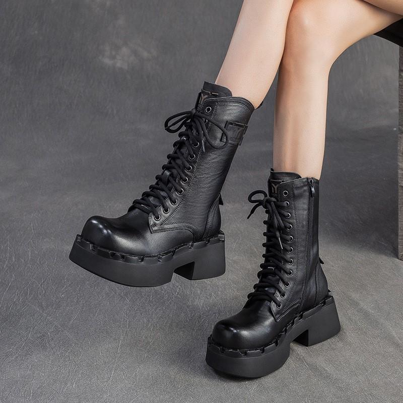 Johnature Genuine Leather Retro Thick Soled Mid-calf Boots Versatile Round Toe Women's Platform Boots