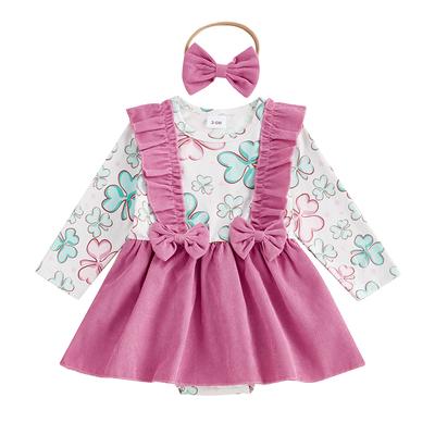 Baby Girl Clover Romper Dress Ruffle Trim Long Sleeve Bodysuit with Bow Headband Irish Clothes