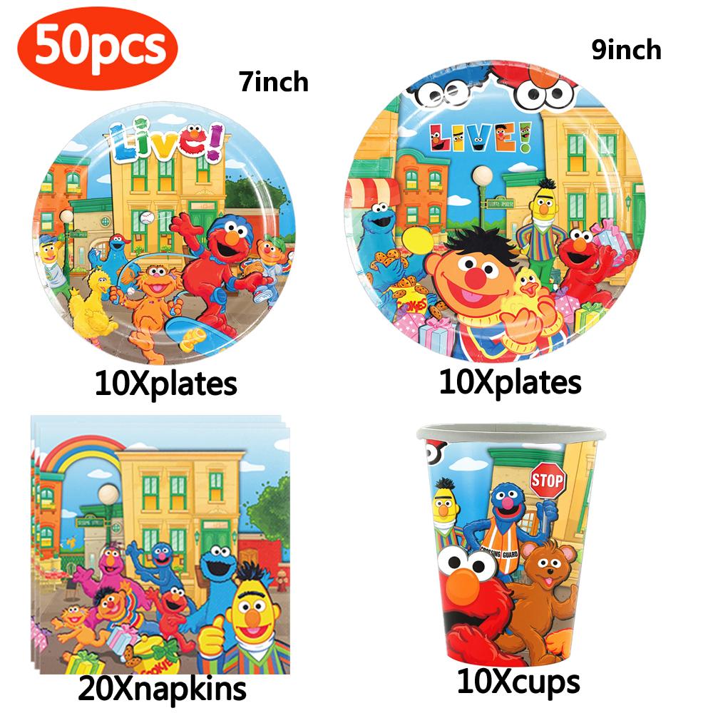 New Sesame Birthday Party Decorations Cartoon Street Balloons Plates Tablecloth Cups Tableware Set for Baby Shower Party Favors 5