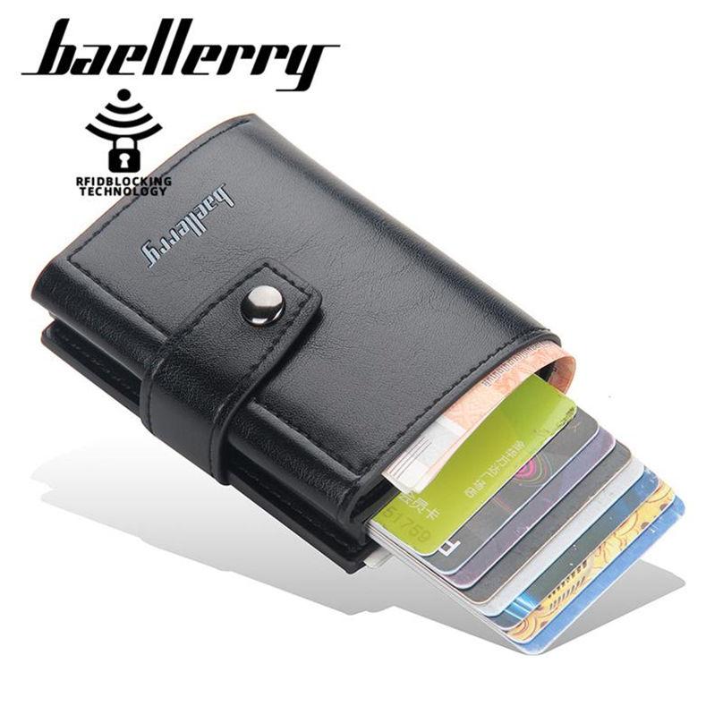 Baellerry Men Business Credit Card Holder RFID Aluminium Box Bank Card Holders Vintage Design PU Leather Wallet with Money Clips GZW