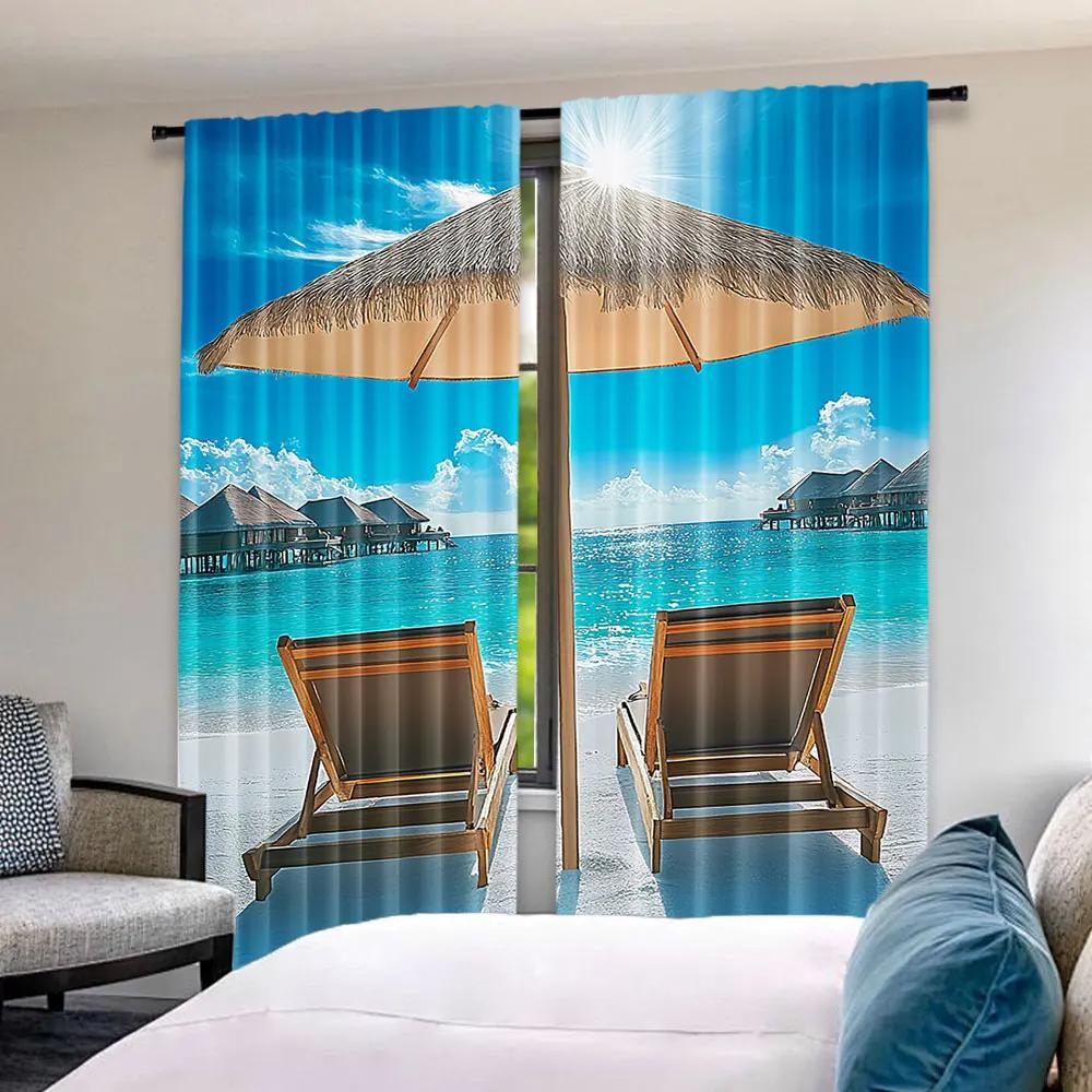 2Pcs Beach Curtain Maldives Scenic Seaside View Sunbeds Under Umbrella Romantic Honeymoon Theme