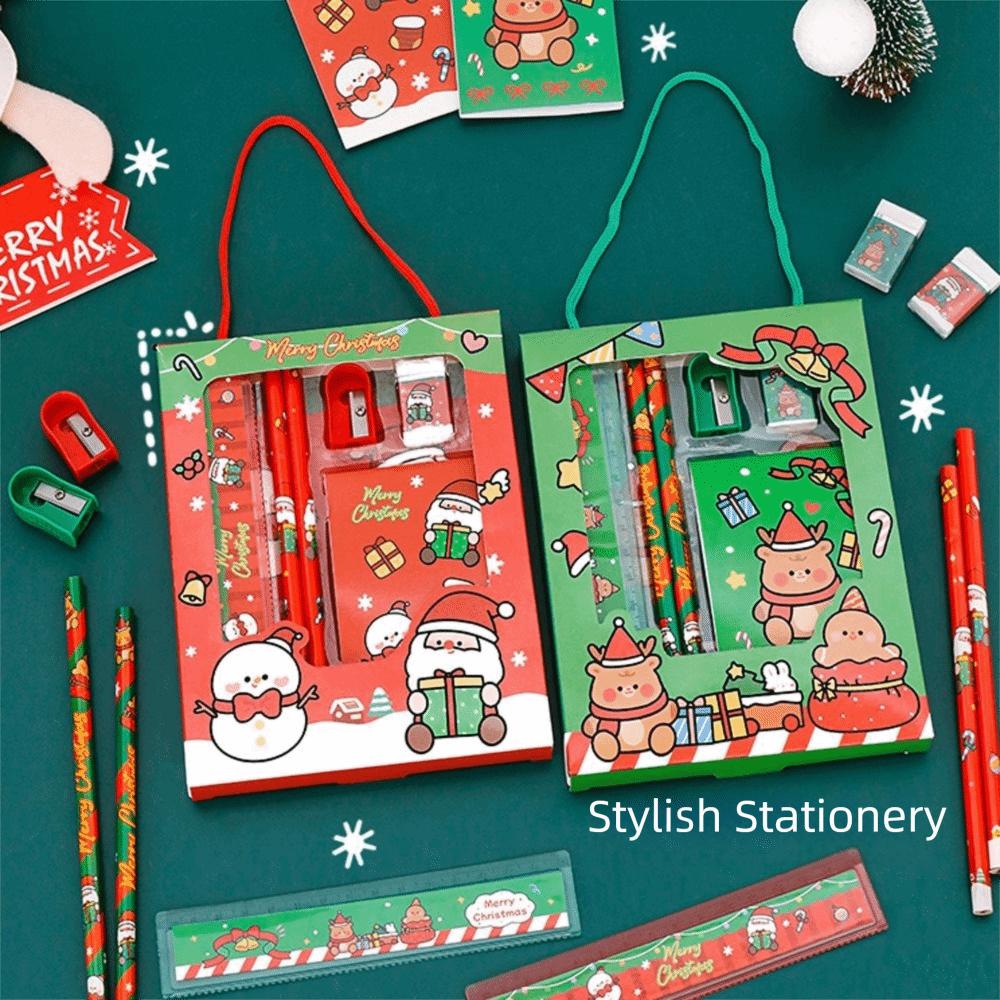 6Pcs/set Kawaii Sharpener Christmas Stationery Set Stationery Erasers Children's Pencils Handheld Study Stationery Set Christmas
