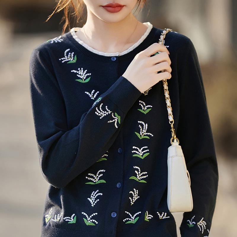 Color Block Wool Embroidered Round Neck Cardigan - Casual Long Sleeve Knit Pullover