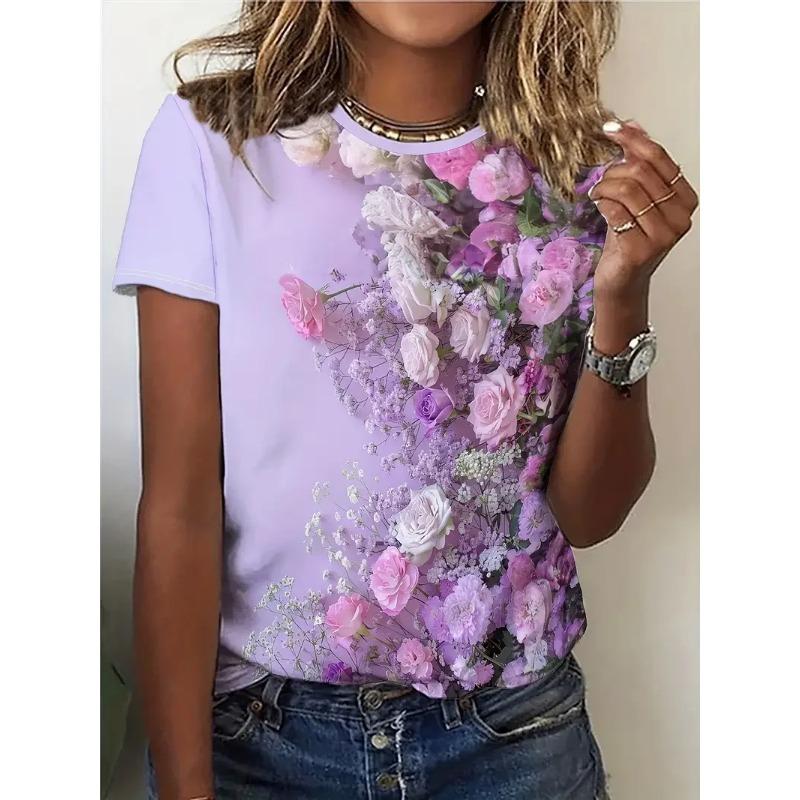 Summer Round Neck 3D Purple Flowers Print Top Fashionable Casual Short Sleeved Women's T-shirts