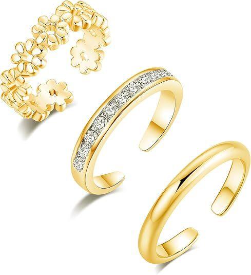 3 Pezzi Anelli per Dita dei Piedi per Donne Non Macchiabili Anello per Dita dei Piedi Placcato Oro 14K Fiore Regolabile Anello per Dita dei Piedi Delicato con Zirconia Cubica Gioielli per Piedi da Spiaggia Estiva