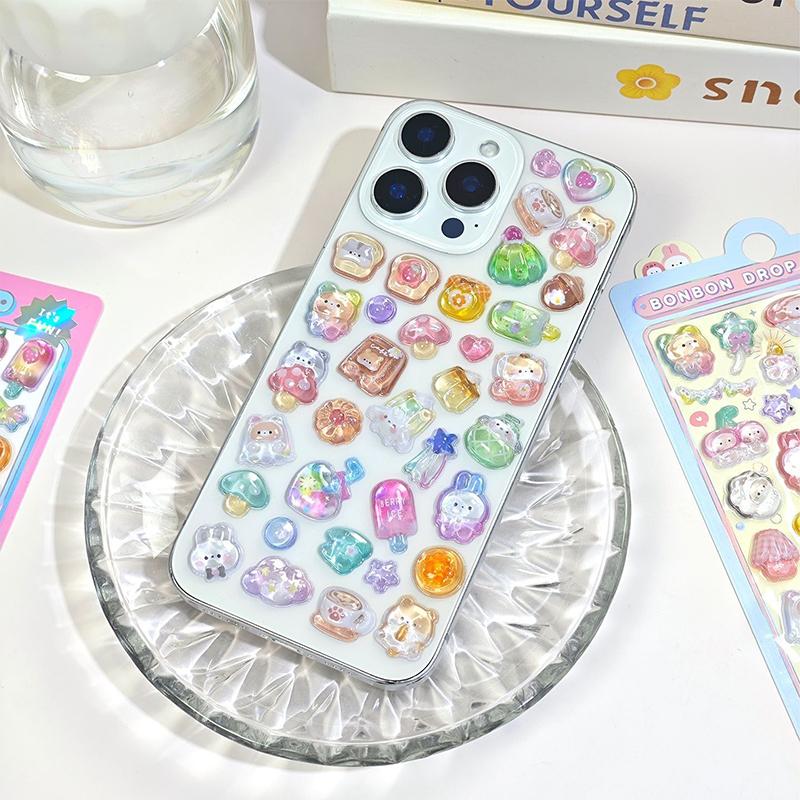 6 Sheets Funny Bear Dinosaur Rabbit 3D Relief Stickers Scrapbooking Diy Diary Decor Journaling Stationery Kawaii Donut Decals