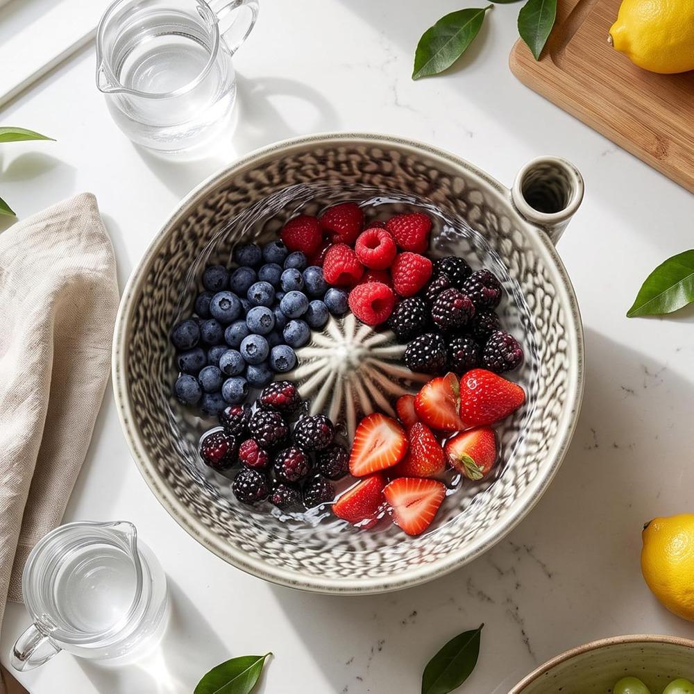 Ceramic Material Fruit Vegetable Colander Beige Self Rotating Bowl Berry Washing Bowl Home Kitchen