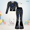 Girls Black Floral Printed Round Neck Long Sleeve Top Flared Pants Two Piece Set