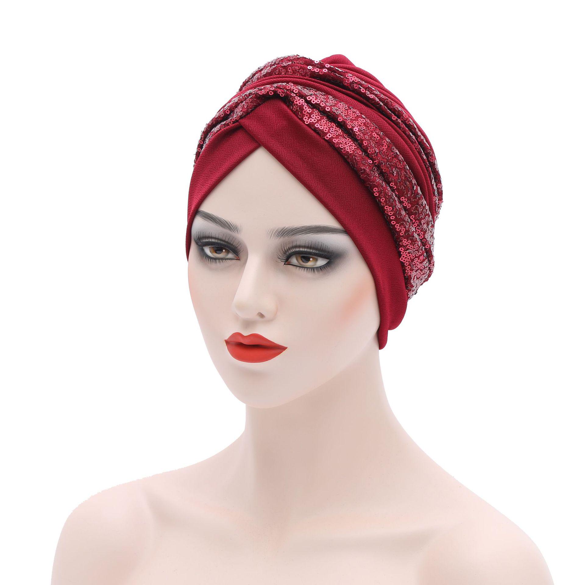 Neuer Stil Grober Leinen-Patchwork Pailletten Afrikanisches Kopftuch & Indischer Ethnischer Hut One Size wein rot