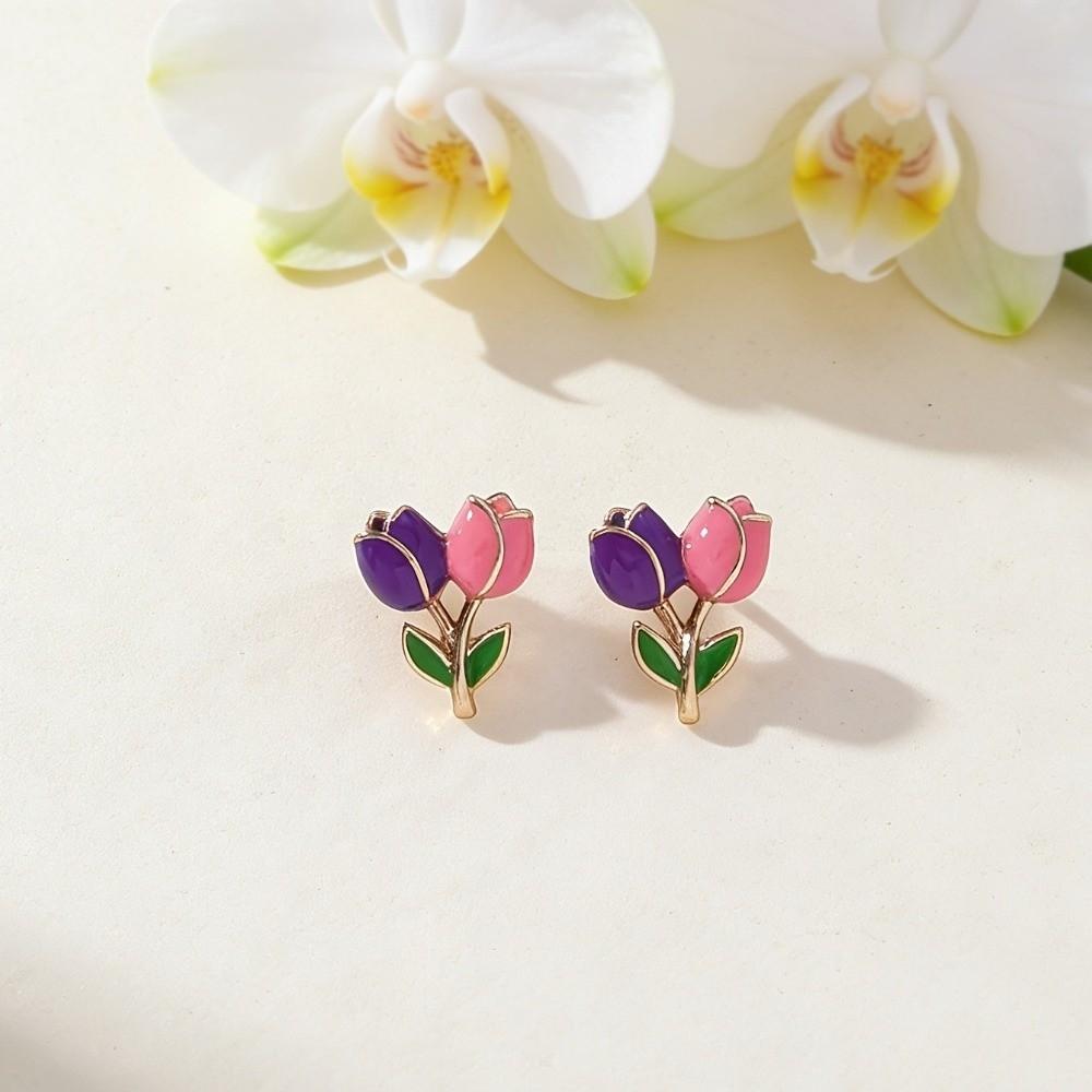 Sweet Tulip Bud Earrings Colorful Stud Earrings Fashion Color-Blocked Earrings Office Wear