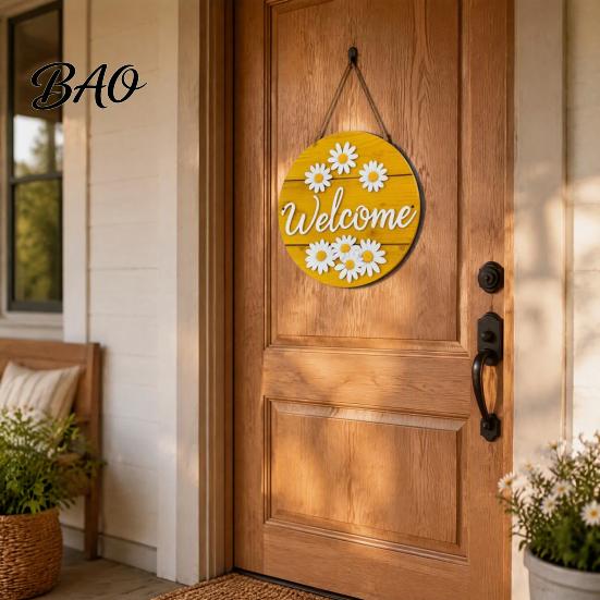 Indoor Outdoor Wall Decor Wooden Daisy Welcome Sign for Front Door, Rustic Farmhouse Hanging Gift Friends with Hemp Rope, Wood Plaque Home Entrance