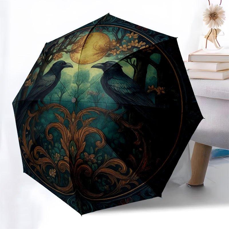 Raven Moonlit Forest Wall Art: Mystical Circular DecorUmbrella with Cute Design, Portable 3-Fold Compact Umbrella for Men & Women, Valentine's Day Mot