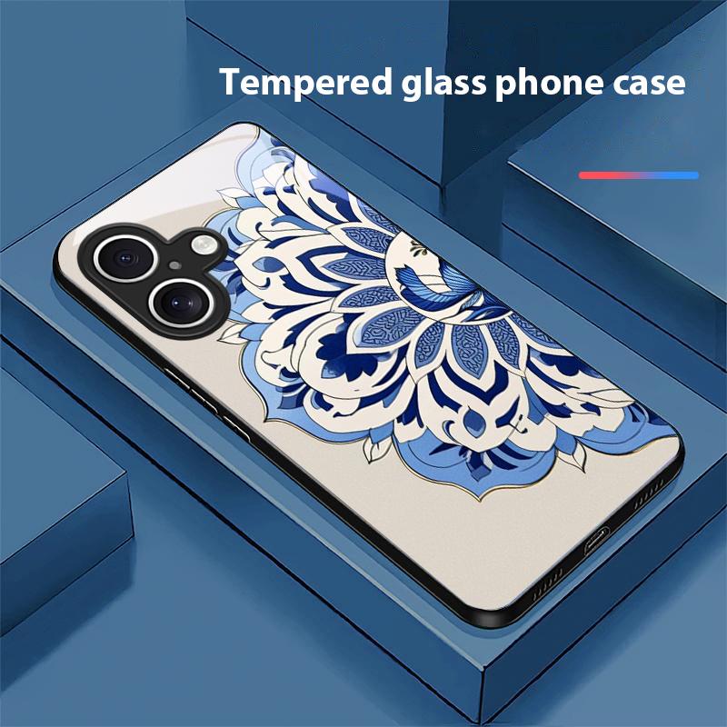 

Celadon Flower Blue For Apple IPhone 16E 16 E 11 13 15 P Ro 14 Pro Max 12 Mini 7 8 Plus XR X XS Black Tempered Glass Phone Case For iPhone 16 Promax