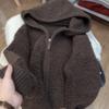 Stylish Retro Melard Women's Winter Outfit: Thick Plush Zip-Up Hooded Sweater Cardigan