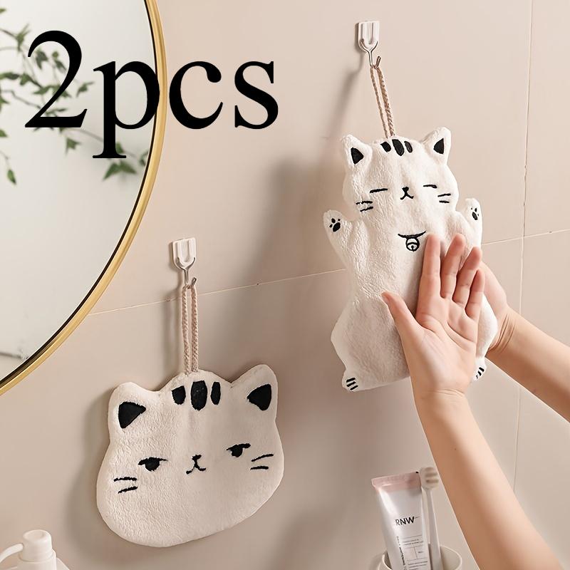 2pcs Cute Cat Hand Towels - Soft, Quick-Dry, Hanging Design with Loop, Adorable Cartoon Cat Face, Perfect for Bathroom, Kitchen, or Outdoor Use