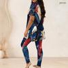 Women Plus Size Two Piece Set Round Neck Short Sleeve Eagle Printed Longline Top And Fitted Pants