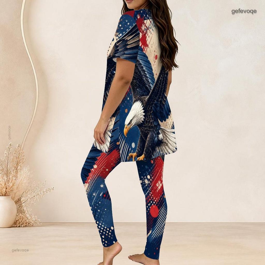 Women Plus Size Two Piece Set Round Neck Short Sleeve Eagle Printed Longline Top And Fitted Pants