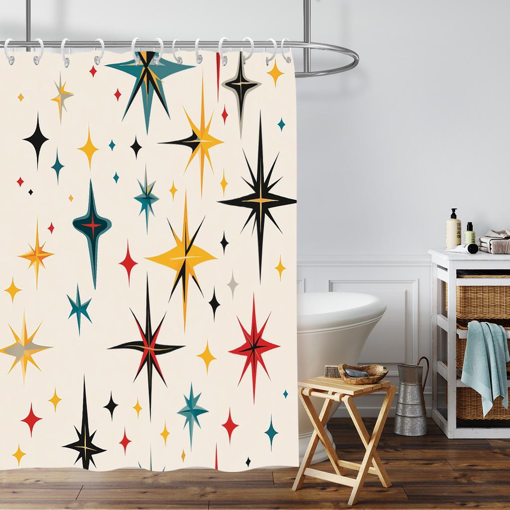 1Pc Color Star Print Perforated Waterproof Shower Curtain Shower Privacy Multi Size Hanging Curtain 12 Hooks Easy Installation