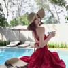 French Sexy Red Collar Neck Dress Women's Seaside Vacation Beautiful Backless Beach Skirt Summer