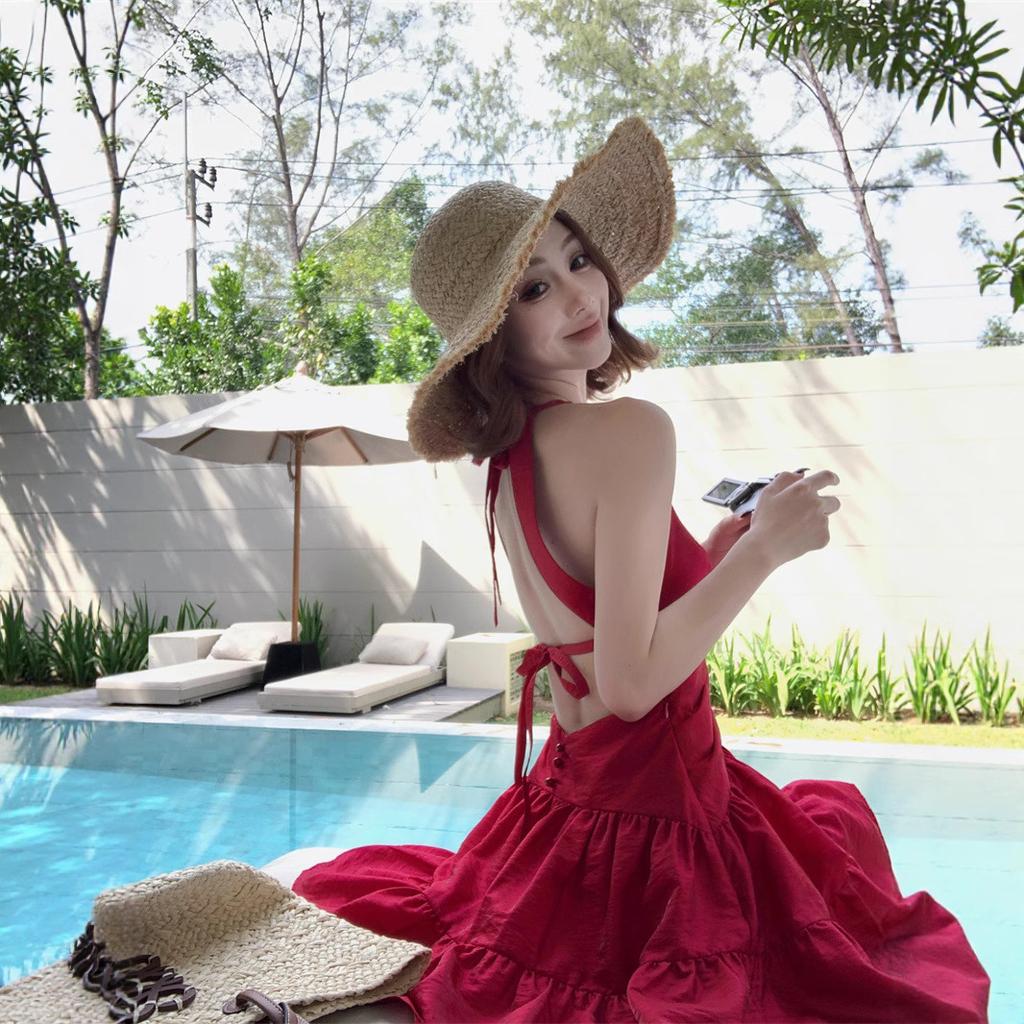 French Sexy Red Collar Neck Dress Women's Seaside Vacation Beautiful Backless Beach Skirt Summer
