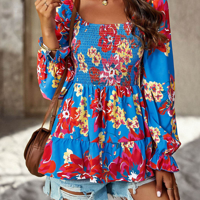 Square Neck Long Sleeve Shirt Women's Spring Summer High Waist Print Top