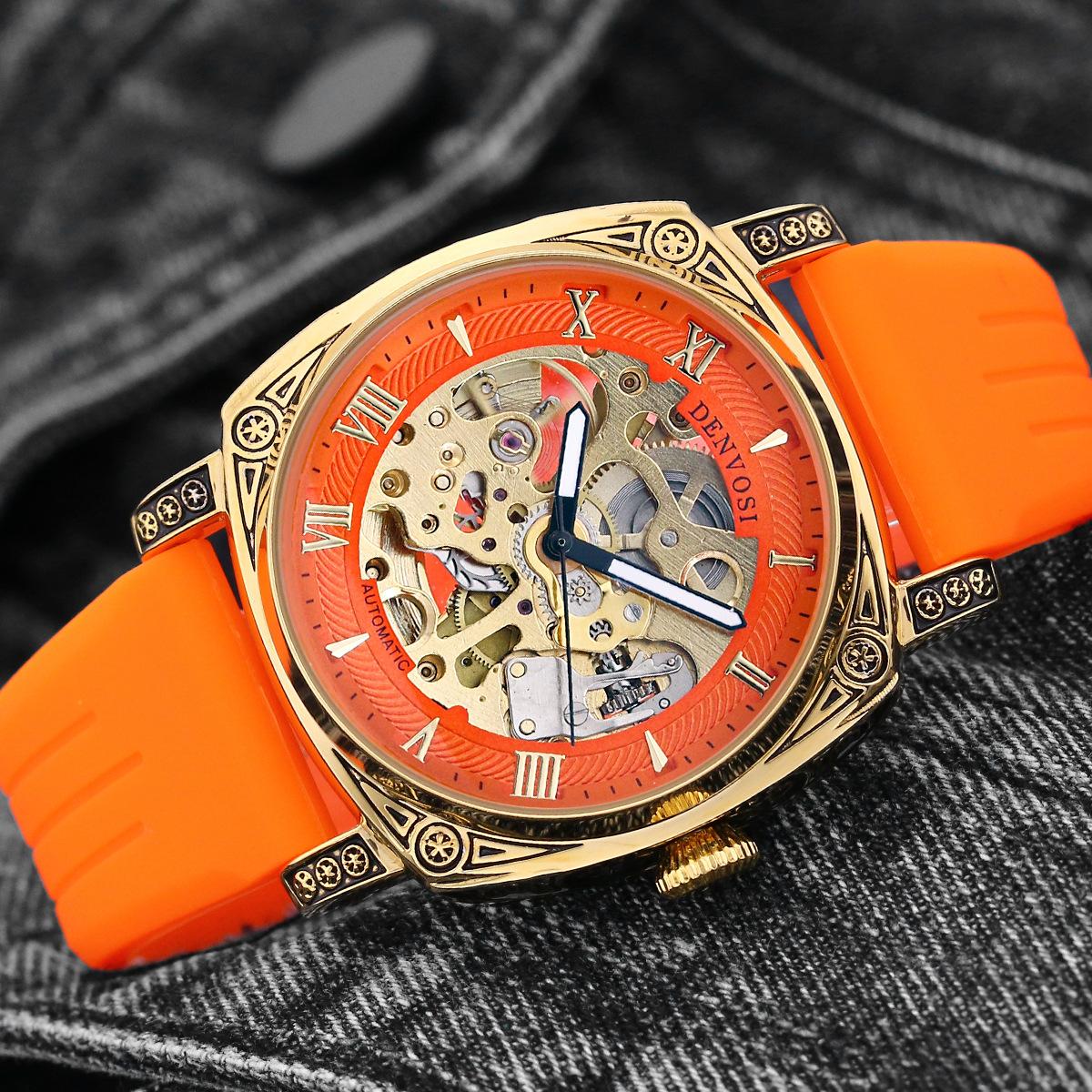 

Полностью автоматические механические часы с квадратным прозрачным дном, мужские механические часы с ночной подсветкой, мужские полые часы с силиконовой лентой оранжевый