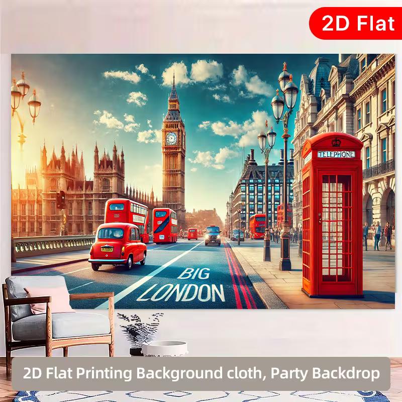 

2D Big Ben London Cityscape Backdrop, London Street with Red Bus & Phone Booth Background Cloth 47.2x31.5inch/120*80cm